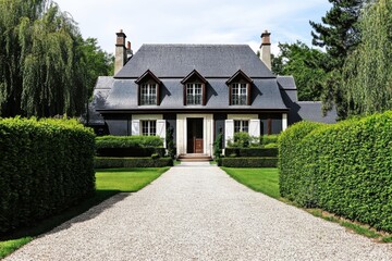 Discover the charm of this enchanting countryside home, complete with beautifully manicured gardens and a winding gravel driveway, all enveloped by vibrant greenery under the warm sun