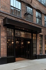 Fototapeta premium The entrance of a contemporary brick building exhibits a stylish design featuring elegant glass elements, all set against a vibrant urban backdrop in broad daylight