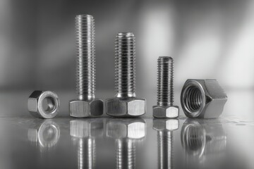 Various types of metallic bolts and nuts arranged on a reflective surface in a workshop setting