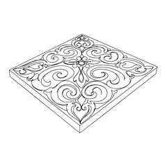 Vector line art of an ornamental ceramic tile with floral swirl design, isometric perspective