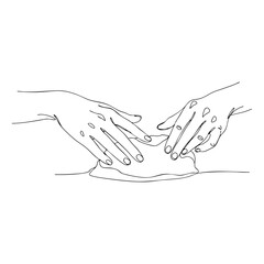 Obraz premium Vector line art of hands kneading a soft piece of clay before pottery, preparation process