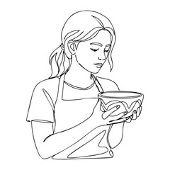 Vector line drawing of a woman in apron admiring her handmade ceramic bowl, expressing satisfaction with her creation