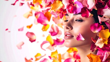 Beautiful Woman Adorned with Vibrant Rose Petals Beauty Skincare Cosmetics