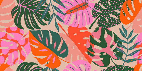 Abstract tropical leaves seamless pattern with colorful style. Modern foliage print design for fabric, textiles, clothing, packaging, covers, banners, home decor and backgrounds. Vector illustrations.