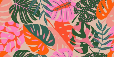 Gardinen Pflanzen Muster  Abstract tropical leaves seamless pattern with colorful style. Modern foliage print design for fabric, textiles, clothing, packaging, covers, banners, home decor and backgrounds. Vector illustrations.  © Udomdech