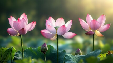 Obraz premium Three exquisite pink lotus flowers in soft morning light