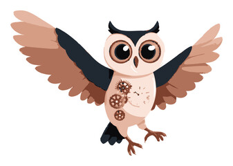 Obraz premium Cartoon Owl with Steampunk Gears and Outstretched Wings in Vector Art Style