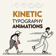 Illustration depicting kinetic typography animations with running figures and wave design elements above text