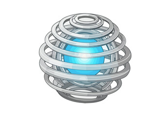 A glowing blue sphere encased within a metallic, circular cage structure.