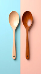 Realistic 3D image of two identical wooden kitchen spoons with different wood finishes, pastel blue and pastel peach background split vertically