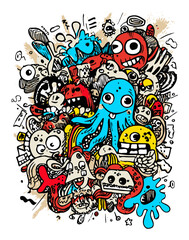 Obraz premium Colorful Doodle Art Featuring Whimsical Creatures and Abstract Designs