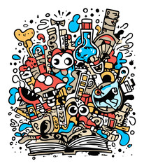 Fototapeta premium Colorful Doodle Illustrations Featuring Objects, Characters, and Science Themes