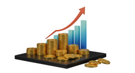 Financial growth chart with coins and arrow isolated on transparent background