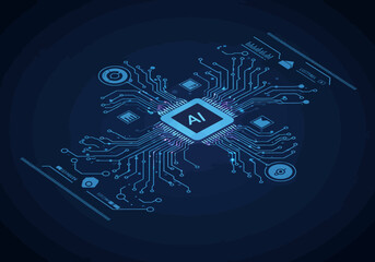 Obraz premium Isometric illustration of a central processing unit, showcasing AI technology and digital circuitry.