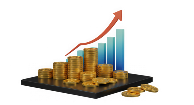 Financial growth chart with coins and arrow isolated on transparent background