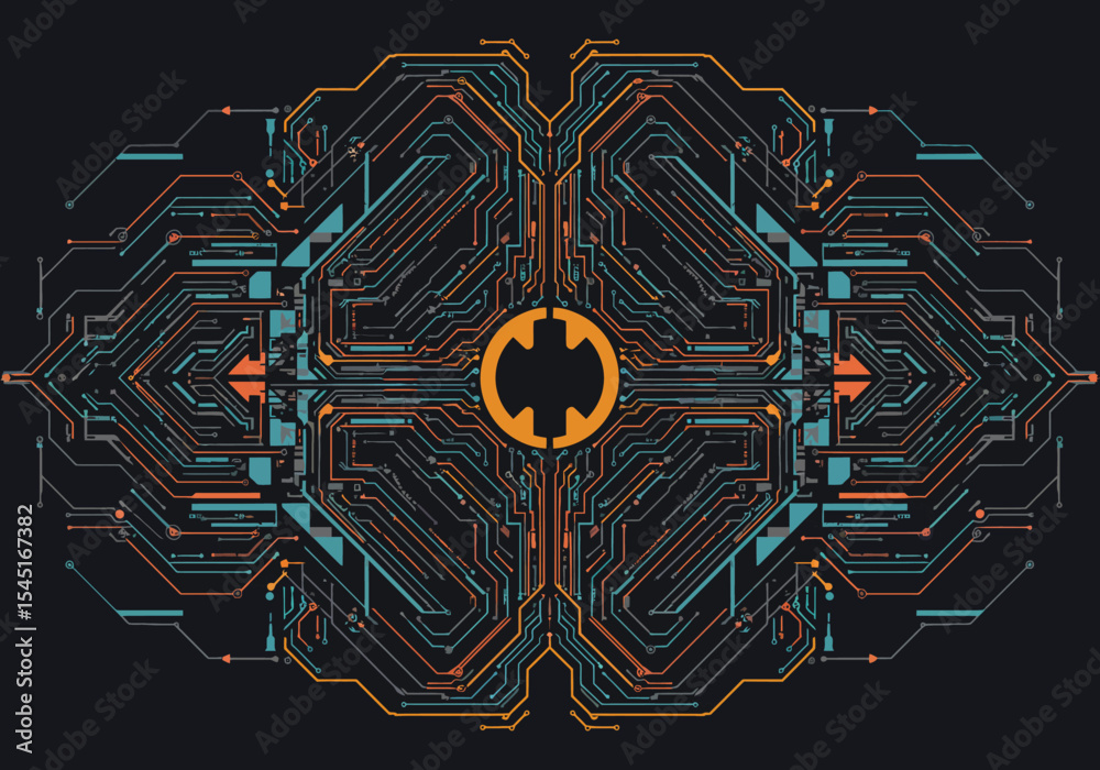 Poster abstract circuit design with a central emblem, featuring interconnected lines and shapes.