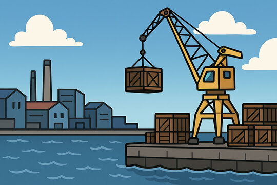 A container-lifting crane at the port is carrying out its task.