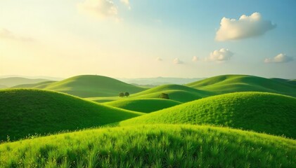 Obraz premium Serene landscape featuring a gently undulating hummock, bathed in soft sunlight, suggesting tranquility and peaceful relaxation Ideal for nature, travel, and wellness themes , knoll, flora, peaceful