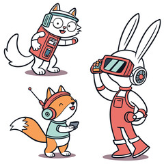 Cartoon animals wearing technology gadgets including a vr headset and a radio device illustration