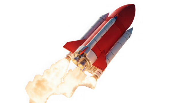 Red space shuttle launch with smoke isolated on transparent background