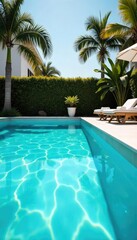 Sparkling clean pool water, pristine white tiles reflecting sunlight, creating a serene and inviting atmosphere Ideal for summer, relaxation, and luxury imagery , escape, sunlight, oasis