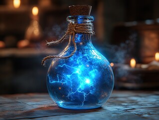 Mystical Blue Lightning in Cork - Stoppered Glass Potion Bottle for Fantasy Design and Magic - Themed Projects