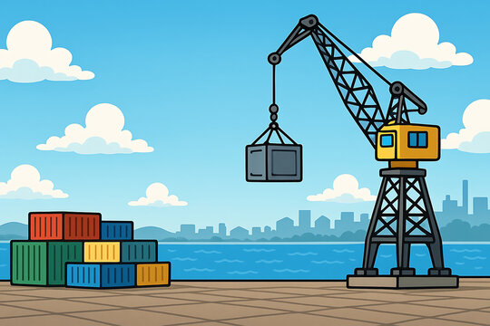 A container-lifting crane at the port is carrying out its task.