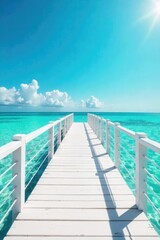 Obraz premium Sun-drenched white pier extending into calm turquoise water, perfect for a relaxing summer scene Ideal for travel, vacation, or coastal lifestyle imagery , nautical, structure