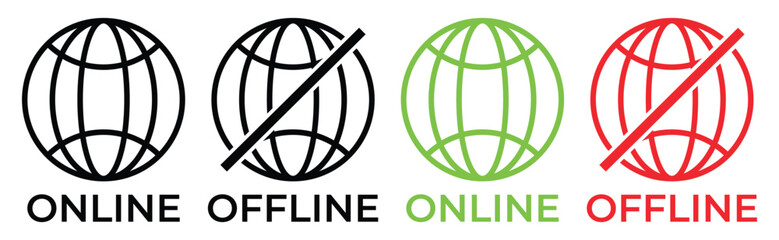 Online and Offline Internet Connection Icons – Flat Vector Set of Globe Symbols with Signal and No Signal Status in Red, Green, and Black, vector illustration.