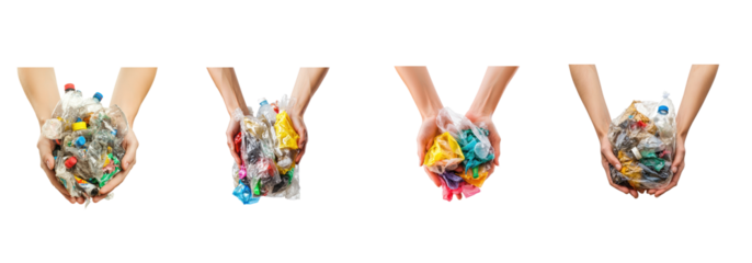 Collection of Hands Holding Plastic Trash Symbolizing pollution. full length isolate on transparent background