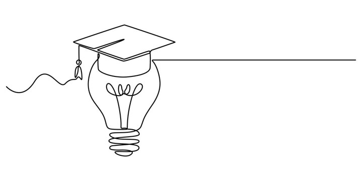 Light bulb and graduation cap continuous line drawn. Creative smart idea symbol. Vector illustration isolated on white, One single line drawing of bright lightbulb wearing graduation cap identity. 