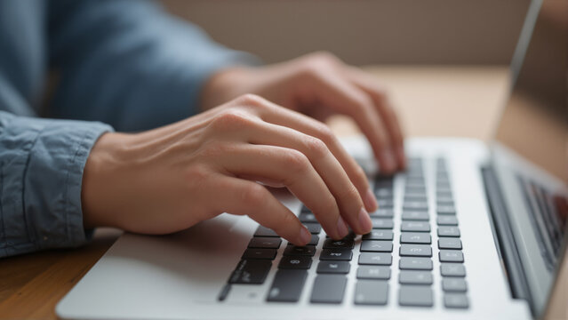 s a person typing on a laptop computer that is placed on a table. The person's hands are visible on the keyboard