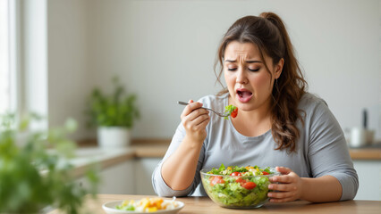 s a woman sitting at a table with a bowl of salad in front of her. She is holding a fork in her hand and appears to be eating the salad. On the left side of the table there is a plant