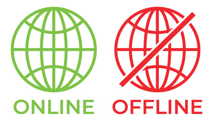 Online and Offline Internet Connection Icons – Flat Vector Set of Globe Symbols with Signal and No Signal Status in Red, Green, and Black, vector illustration.