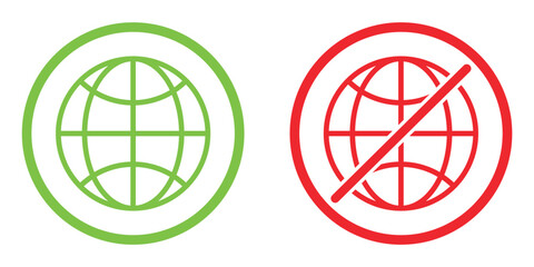 Online and Offline Internet Connection Icons – Flat Vector Set of Globe Symbols with Signal and No Signal Status in Red, Green, and Black, vector illustration.