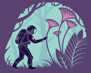 Astronaut exploring alien forest with large pink plants and trees in a stylized illustration style