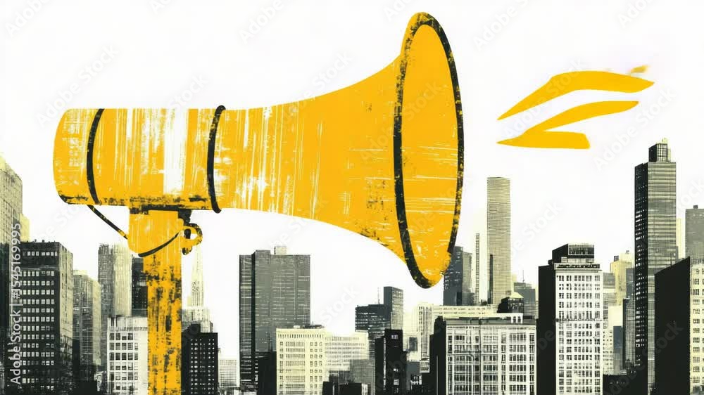 Poster a yellow megaphone standing out in front of a city skyline, ideal for use in promotional or event-re