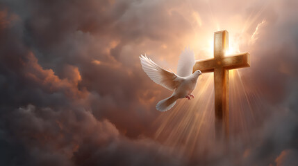 Radiant cross with descending dove and light beams. Holy Spirit symbol
