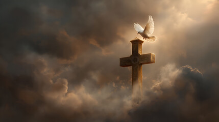 Radiant cross with descending dove and light beams. Holy Spirit symbol