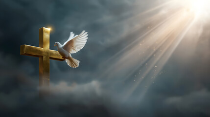 Radiant cross with descending dove and light beams. Holy Spirit symbol