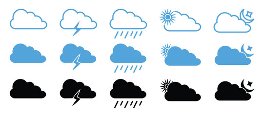 Weather Icons Set – Vector Collection of Forecast Symbols Including Sun, Clouds, Rain, Snow, Wind, and Moon, vector illustration.