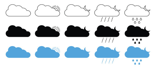 Weather Icons Set – Vector Collection of Forecast Symbols Including Sun, Clouds, Rain, Snow, Wind, and Moon, vector illustration.