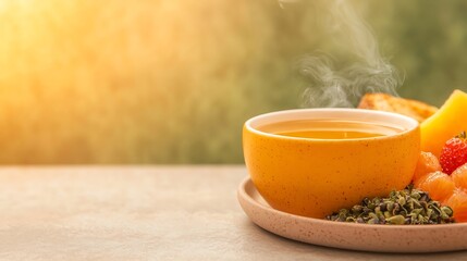 Freshly Made Fruit And Green Tea Combination On Plate Healthy Meal