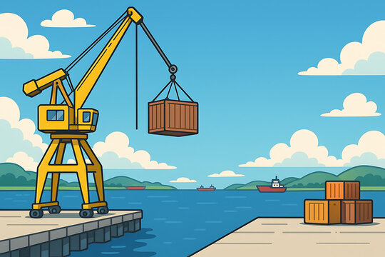 A container-lifting crane at the port is carrying out its task.