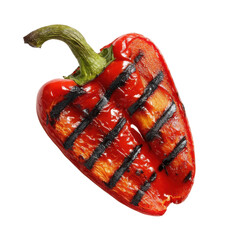 Charred Red Bell Pepper: A single charred red bell pepper, with distinct grill marks and a vibrant hue, showcasing the art of grilling and the essence of culinary delight.