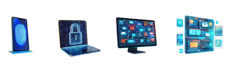 Collection of digital fingerprint scanner, showcasing biometric technology for security. full length isolate on transparent background