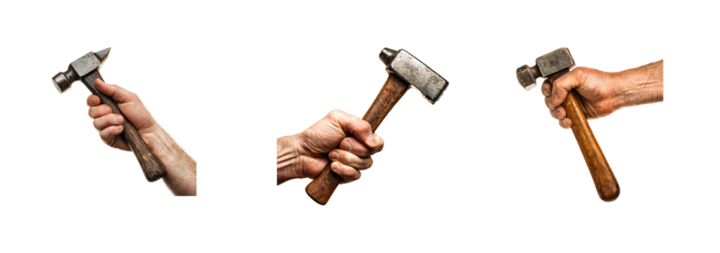 Collection of a hand holding a hammer, preparing to work on a construction task. full length isolate on transparent background