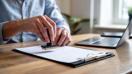 Fototapeta premium Person stamping document on clipboard at desk