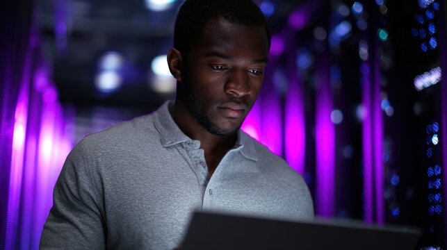 IT Technician Works on a Laptop in Big Data Center full of Rack Servers. He Runs Diagnostics and Maintenance, Sets up System. High quality - Powered by Adobe