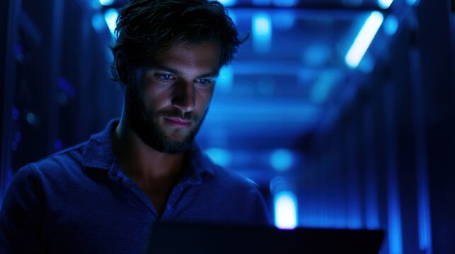 IT Technician Works on a Laptop in Big Data Center full of Rack Servers. He Runs Diagnostics and Maintenance, Sets up System. High quality